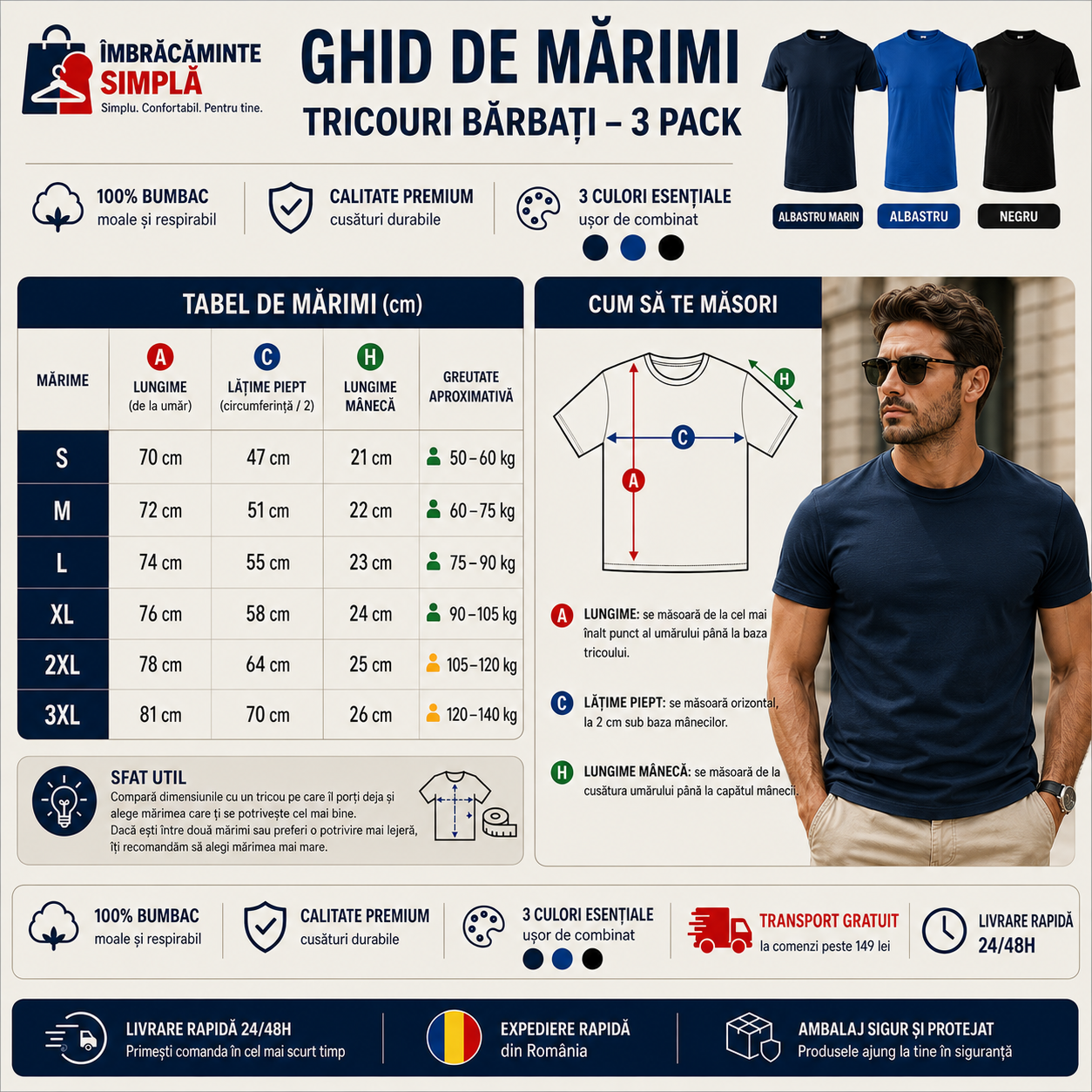 Set 3 tricouri bărbați albastru marin negru și albastru cu transport gratuit